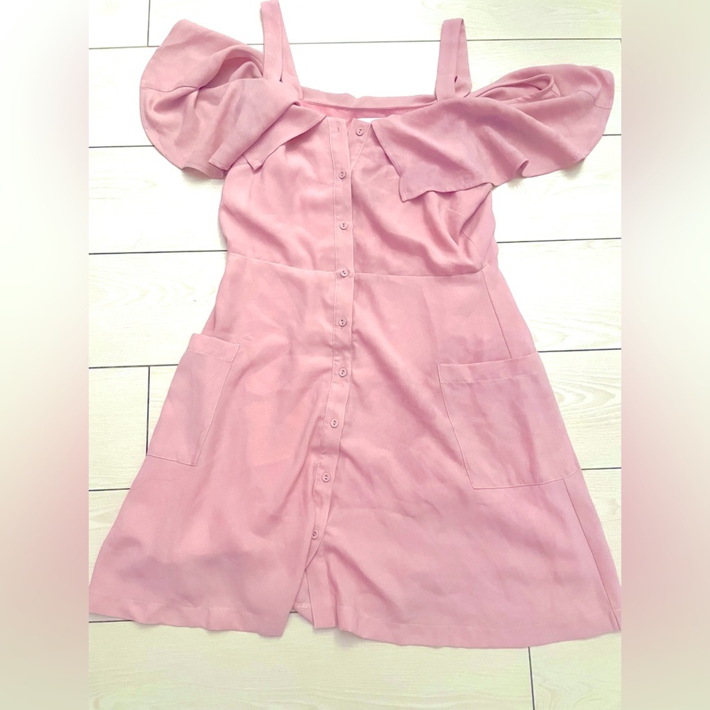 just one answer J. O. A. dress pink with buttons and off the shoulder sleeves